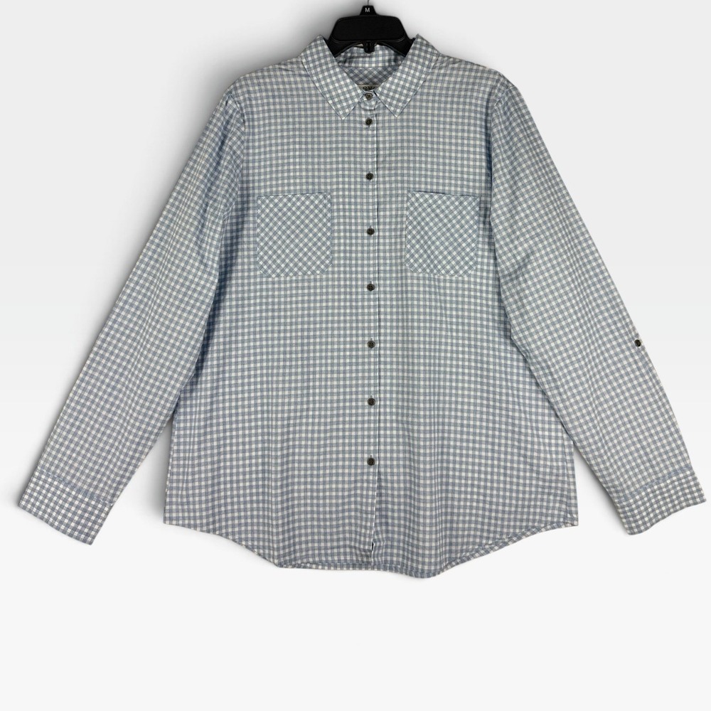 Orvis Button Front Gingham Shirt Womens L Blue White Roll Tab Cotton NWOT